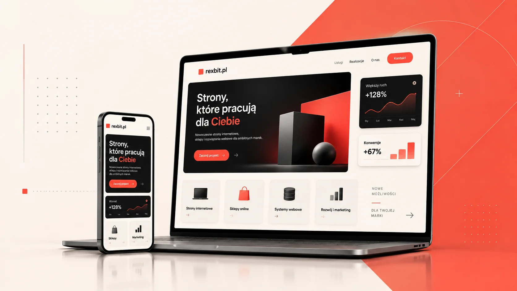 Rexbit website on a laptop and phone against a brand-colored background