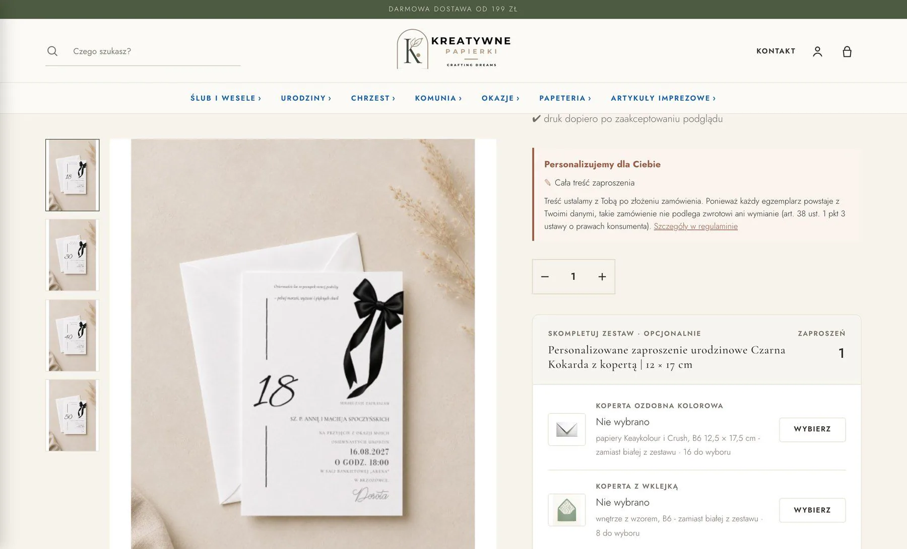Informacja o personalizacji i kompletowanie zestawu z kopertą