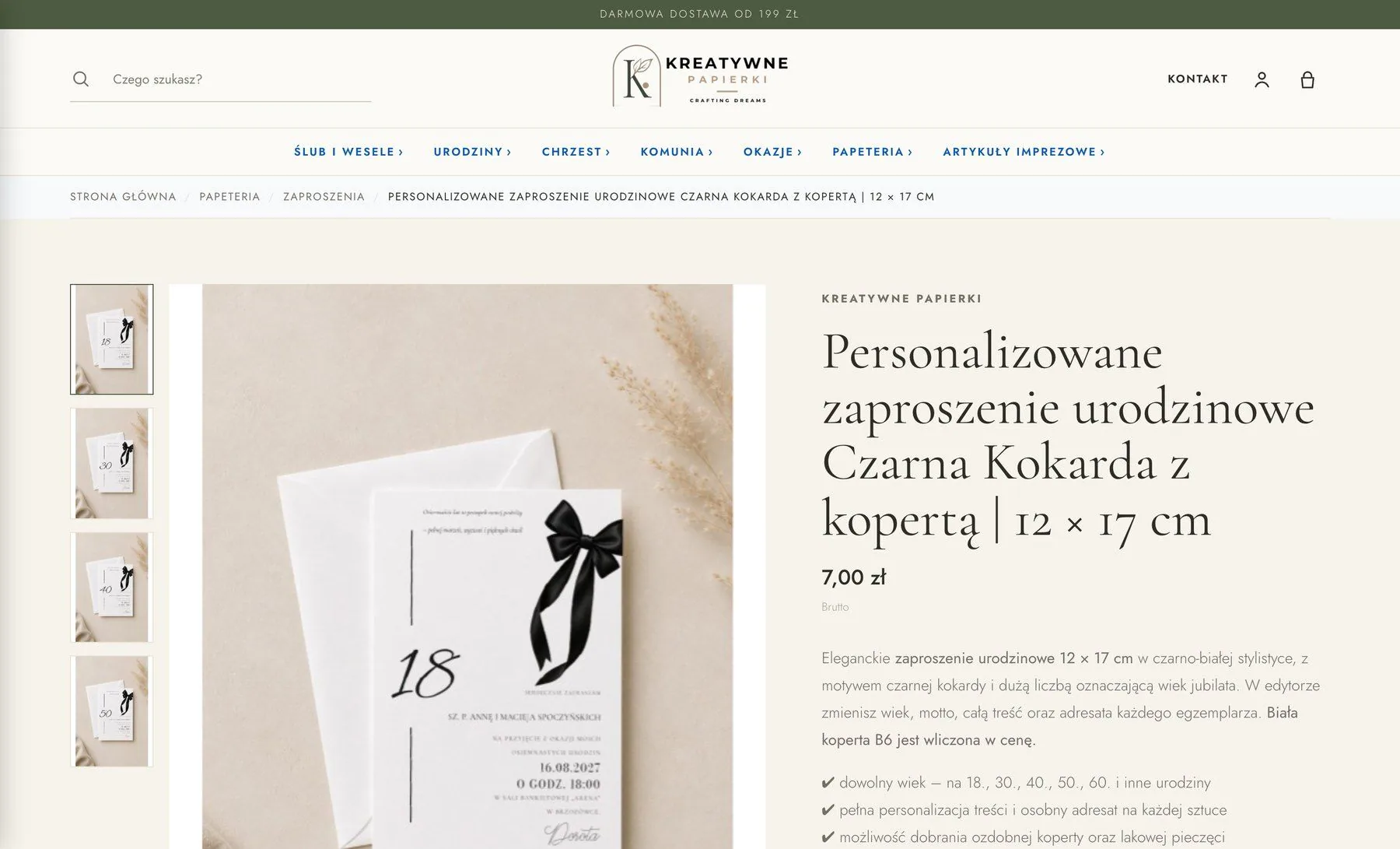 Karta personalizowanego zaproszenia Czarna Kokarda