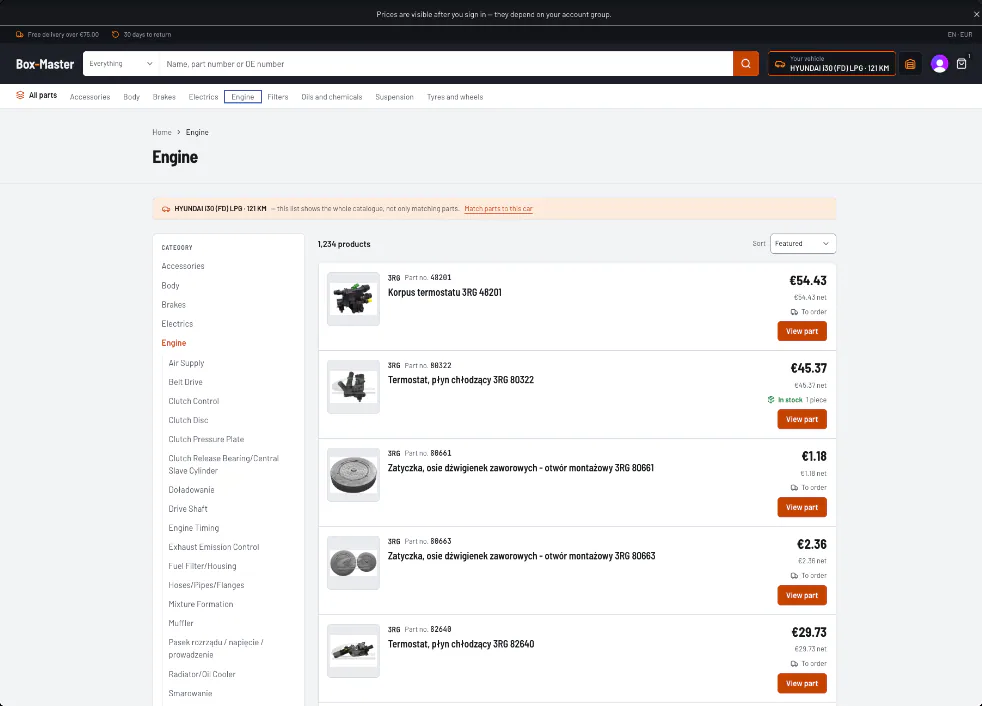 Listing części po zalogowaniu z cenami i dostępnością