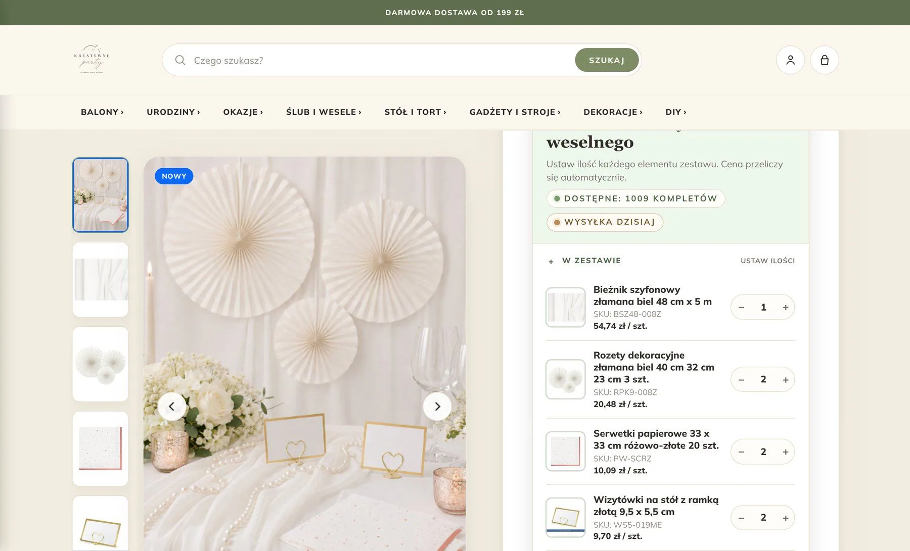 Wedding table set with item quantities