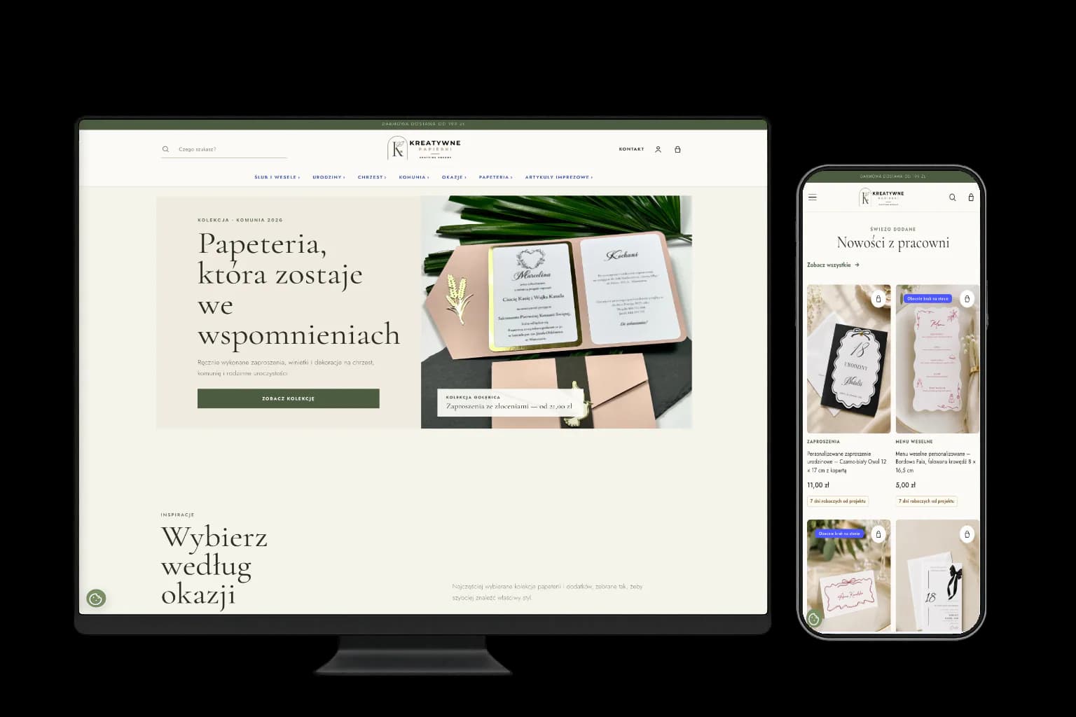 Kreatywne Papierki store shown on desktop and mobile
