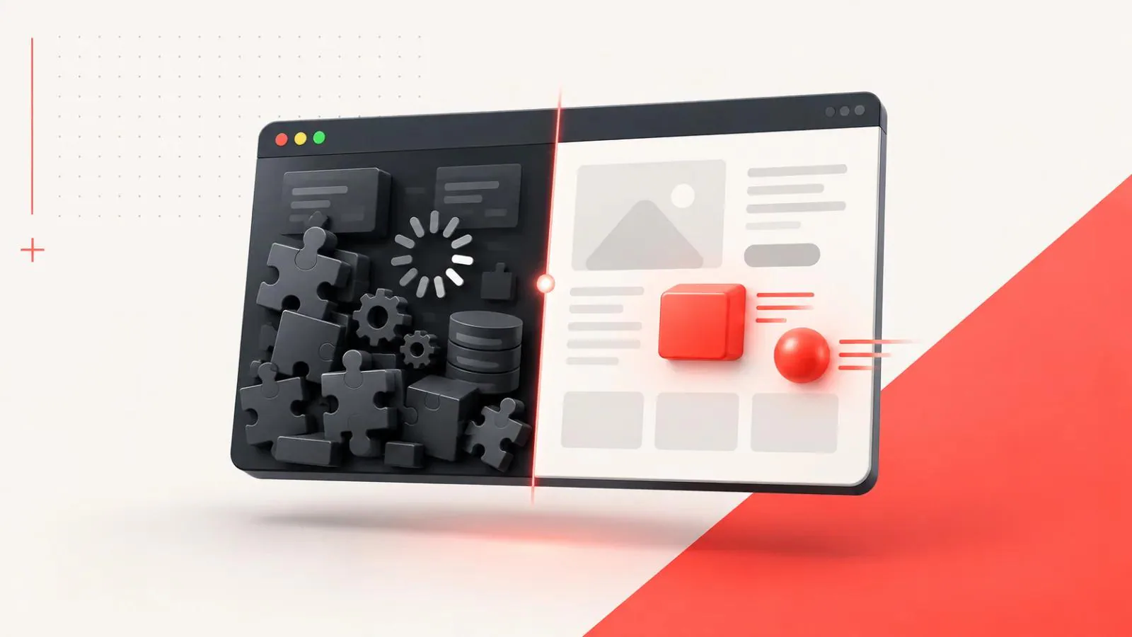A browser window split in half: a heavy page full of plugins and gears on the left, a light clean page with a few interactive elements on the right