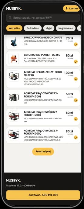 Mobile view of the Husbyk tool catalog