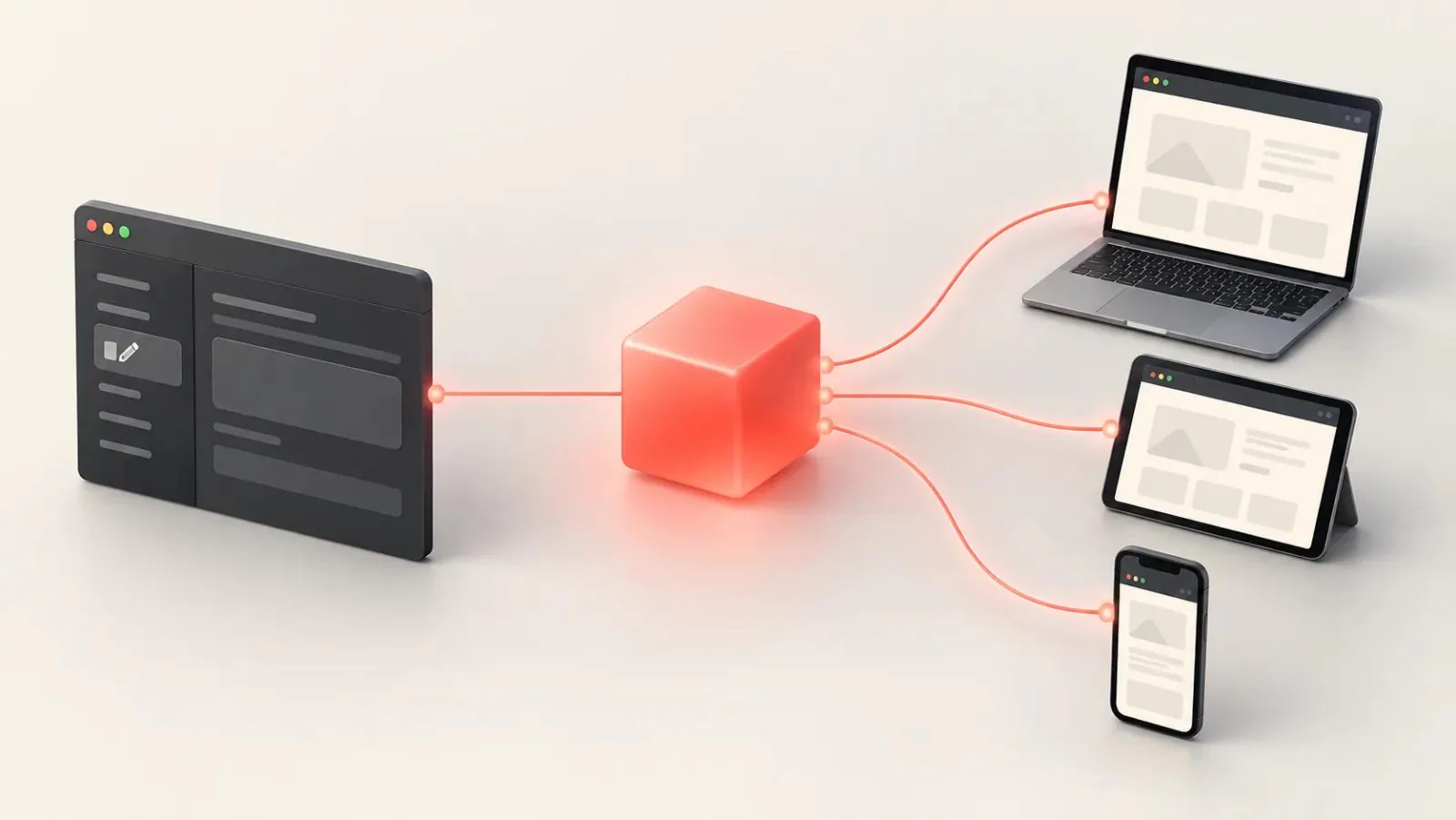 Schemat: panel WordPressa przekazuje treści do Astro, które publikuje szybką stronę na laptopie, tablecie i telefonie