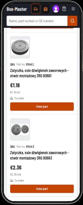 Listing części na telefonie po zalogowaniu