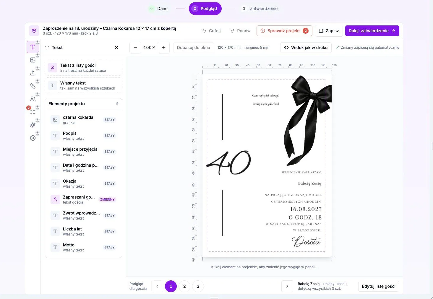 Edytor personalizacji zaproszenia z listą elementów projektu